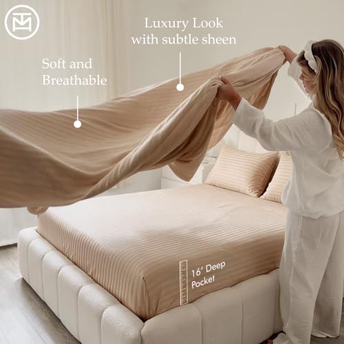 Light Beige Damask 600TC Cotton King Sheet Set - Sateen Bed Linens