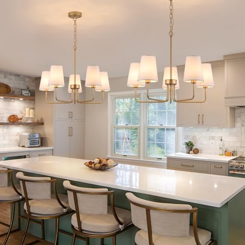 Farmhouse Gold Chandelier with 5 White Fabric Shades - Linear Island Lighting Fixture
