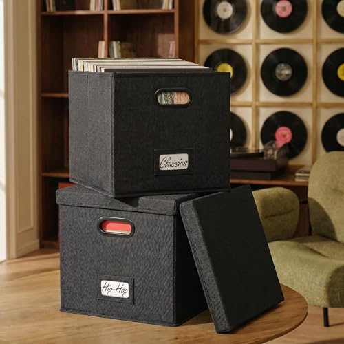Black Vinyl Record Storage Box Set of 2 - LP Holder for 100+ Albums
