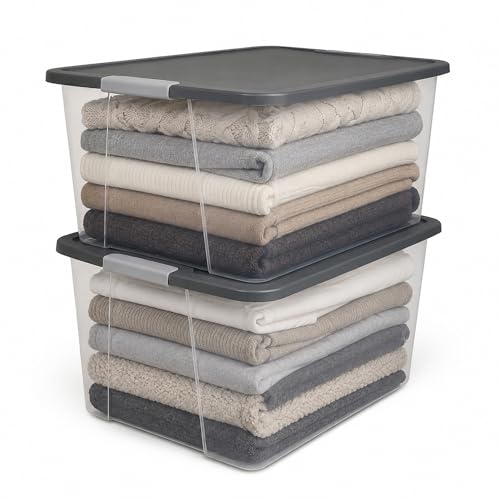 HOMZ 64 Qt Clear Plastic Storage Bin with Gray Latching Lid — 2 Pack