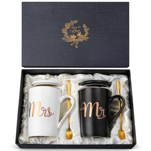 Mr and Mrs Mugs Set Printed with Gold, Wedding Engagement Gifts for