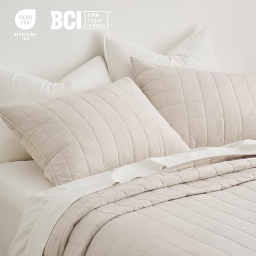King Size Cotton Quilt Set with Box Stitch Design - Birch, 108x96 inches
