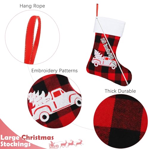 Aodaer 12 Pack Red and Black Buffalo Plaid Christmas Stockings 15 Inch Felt Reindeer Snowflake Pattern Holiday Decor
