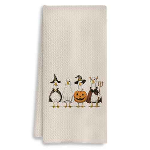 Halloween Goose Kitchen Towels, Goose Lover Gifts, Funny Halloween Witchy Pumpkin Ghost Geese Decorative Dish Tea Hand Towels for Kitchen Bathroom, 16x24 Inches