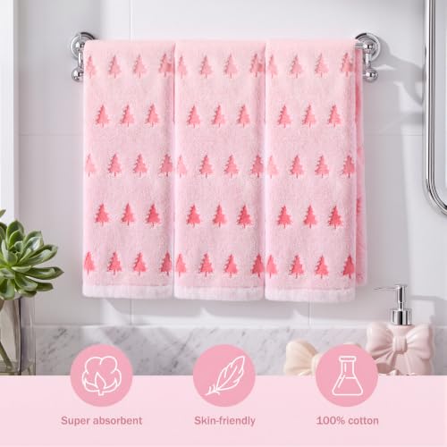Hahafelt 3Pcs Pink Christmas Tree 100% Cotton Hand Towels – 13.4 x 30 in