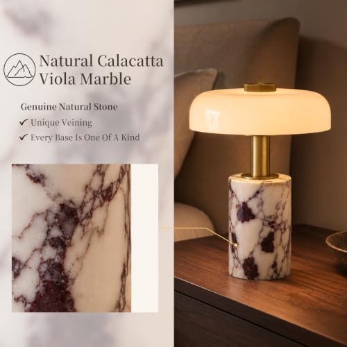 Calacatta Viola Marble Cordless Table Lamp with Glass Shade & Touch Dimming