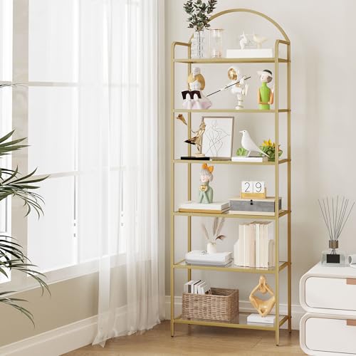 Hzuaneri Tempered Glass Bookcase Shelf - Gold, Slim 71in Home Office Storage