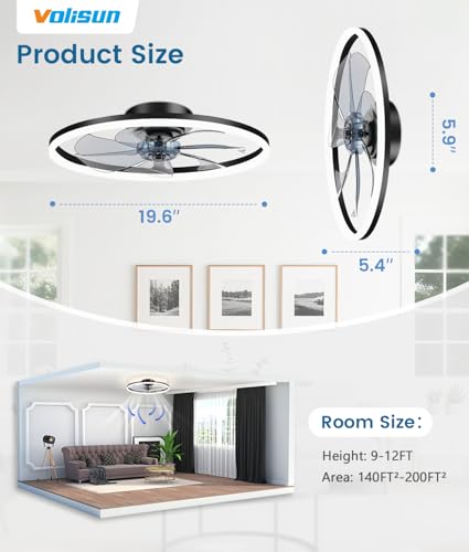 20 Inch Black Low Profile Ceiling Fan with Light and Remote - Dimmable LED Flush Mount Fan for Bedroom