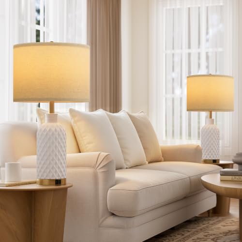 SIBRILLE 25-Inch White Ceramic Table Lamps Set of 2 with USB-C, USB-A & Outlet