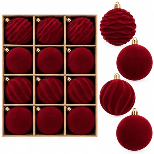 DONGULI Burgundy Velvet Christmas Ornaments 3.15" 12-Piece Set
