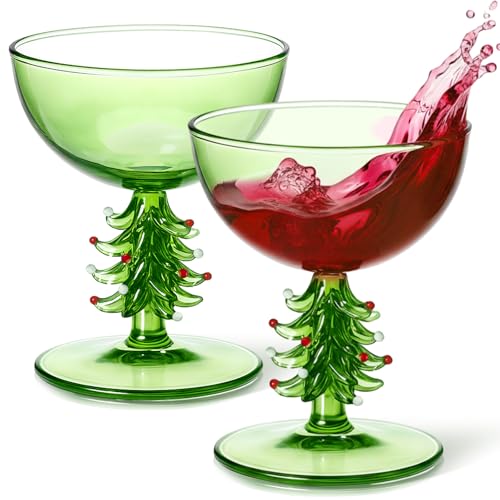 Sunnychicc 2 Pcs Green Christmas Tree Stemmed Wine Glasses 5.5oz – Tree Trunk Stemware