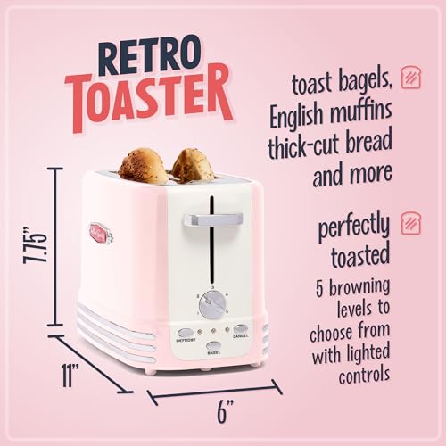 Retro Pink Wide 2-Slice Toaster with Crumb Tray & Cord Storage - Nostalgia