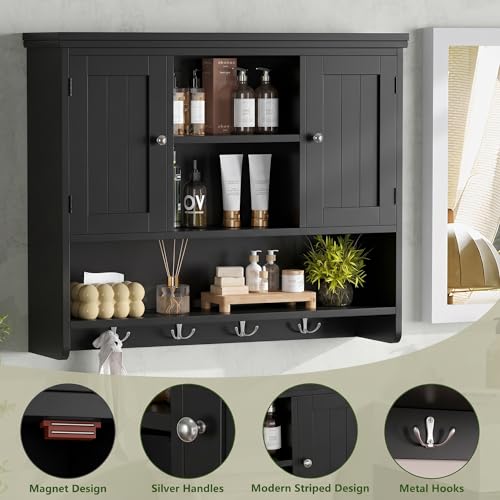 Keehusux Black Striped Wall-Mounted Bathroom Cabinet with Doors & Hooks, 3-Tier, 31.5"W