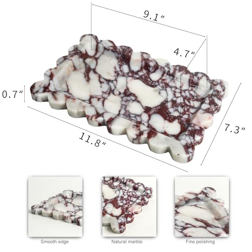 Natural Marble Vanity Tray - Rectangular Calacatta Viola with Scalloped Edge, 11.8 x 7.4 Inches