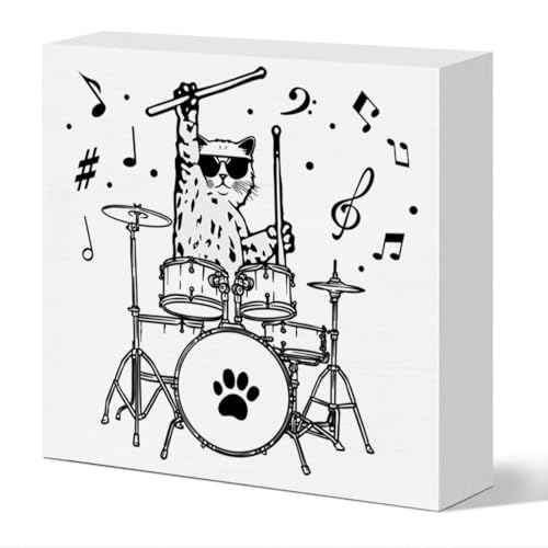Drummer Gifts for Men Women Boy Girl, Birthday Christmas Drumming Gifts for Drummer Kids Teen Boy Girl Drum Player, Cat Playing Drums, Drum Room Man Cave Music Room Studio Wooden Box Sign