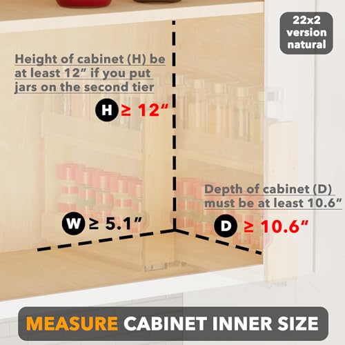SpaceAid Bamboo Pull Out Spice Rack Organizer for Cabinet - 5.1" Wide, 2-Tier, 2 Drawers Natural