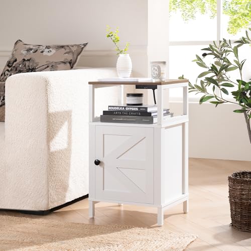 Yoobure Farmhouse Nightstand with Charging Station - White, Barn Door Style