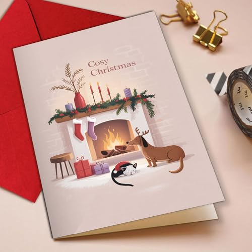 Cozy Christmas Greeting Card with Envelope - Fireplace Scene, Dog & Cat Design, Scandinavian Holiday Style, 5.3x8in