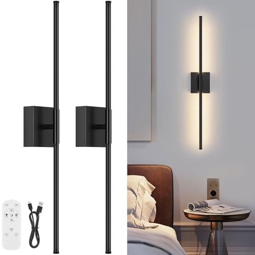 Black 29.1 Inch Battery Operated Dimmable LED Wall Sconce Set with Remote Control