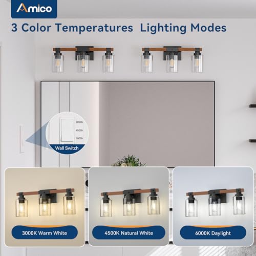 Amico 3-Light Farmhouse Vanity Light - Seeded Glass, Black & Wood Variation