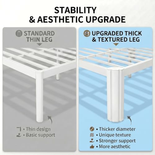 Allewie White Metal Full Bed Frame 14 Inch Tall with Rounded Corners & Storage