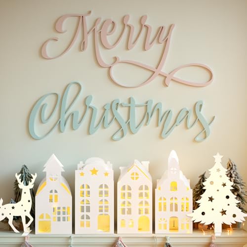 Christmas Village Houses Decor Set with Trees Reindeer Sleigh & Lights - Holiday Tabletop Display