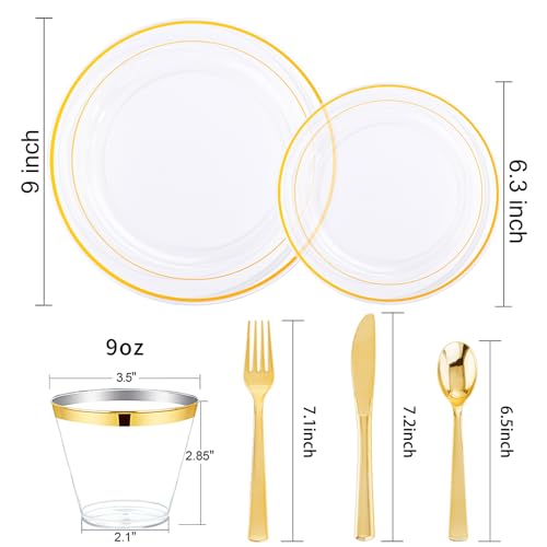 WELLIFE Clear Plates with Gold Trim 600-Piece Party Dinnerware Set - Service for 100, Includes Plates and Silverware, Variation: Clear Gold/600