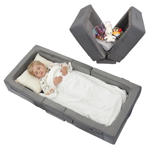 Portable Toddler Travel Bed with Soft Foam Rails - Grey, 55x25x7in