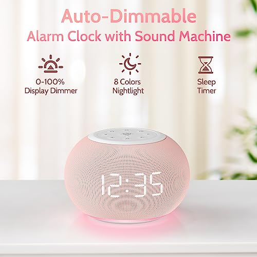 Pink Auto Dimmable Sound Machine Alarm Clock with Night Light for Girls