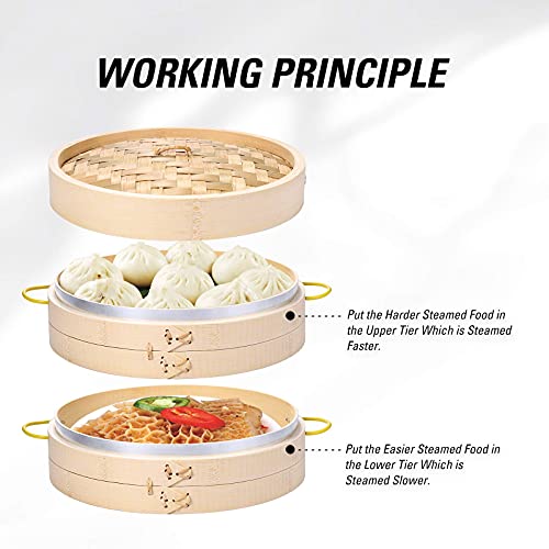 Bamboo Steamer Basket Set for Dim Sum Dumplings Vegetables - 10 Inch