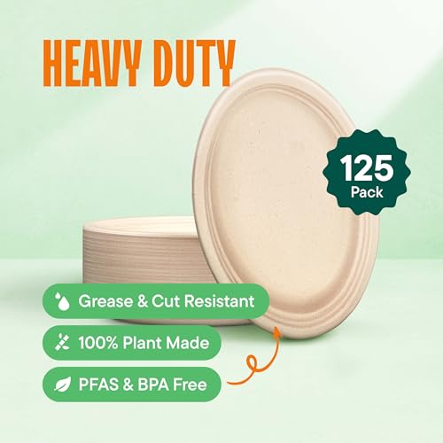 12 Inch Heavy Duty Biodegradable Paper Plates - Disposable Oval Serving Platters, Microwave Safe, Eco-Friendly, 125-Count
