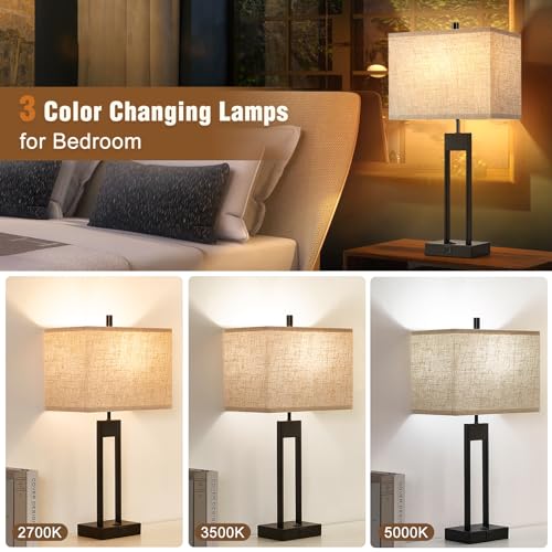 Nightstand Table Lamps Set of 2 - Black Modern Bedside Lamps with USB C+A, Color Change, Dimmable, Includes Bulbs
