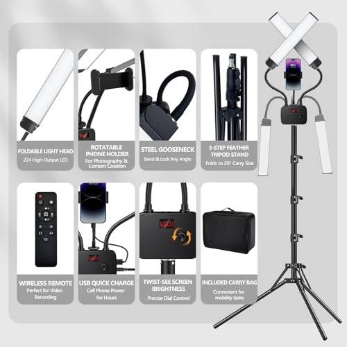 Selfie Light with 75'' Tripod Stand, Dimmable 3 Color LED Dual Arms
