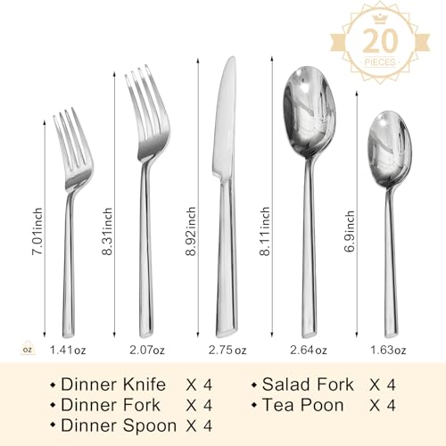 KINGSTONE 20-Piece Silver Flatware Set for 4 - Stainless Steel Cutlery