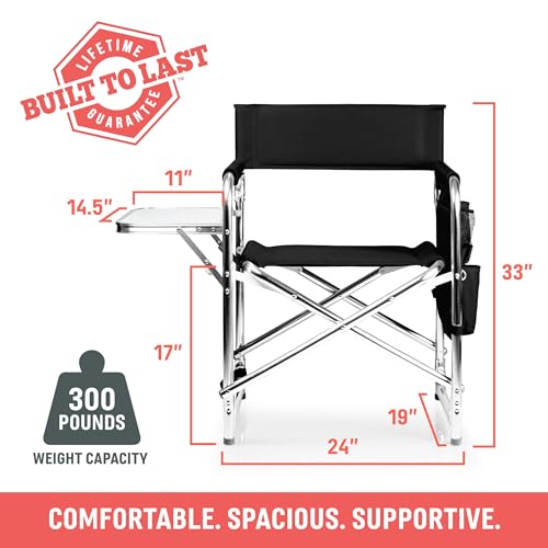 PICNIC TIME Hunter Green Sports Chair with Side Table & Armrest Caddy, Lightweight Portable Camping Chair for Adults