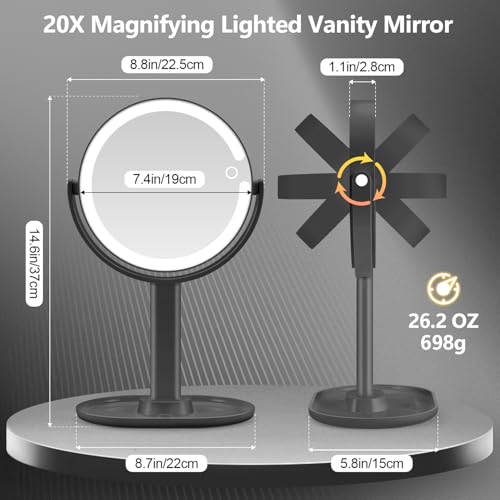 20X Magnifying Lighted Makeup Mirror with Touch Switch & 3 Color LED