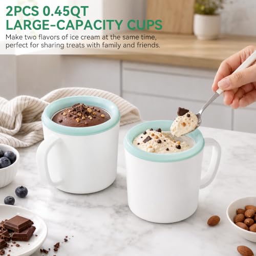 Pukomc Swirl Ice Cream Maker Machine with 2 Freezer Cups - White Green, 0.9 Quarts