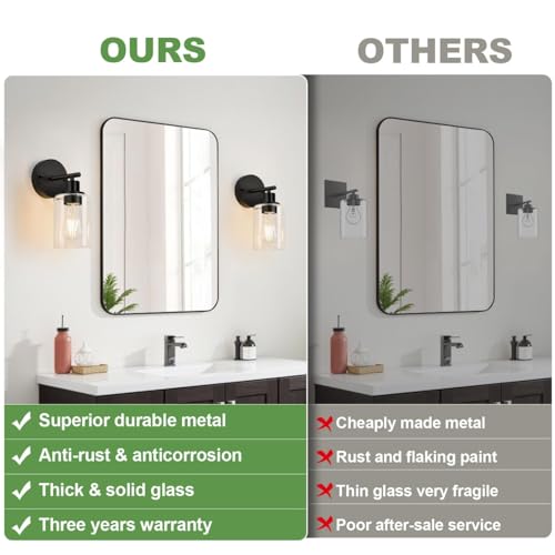 Matte Black Wall Sconces Set of 2 with Clear Glass Shades - Reversible Mounting Bathroom Vanity Lights