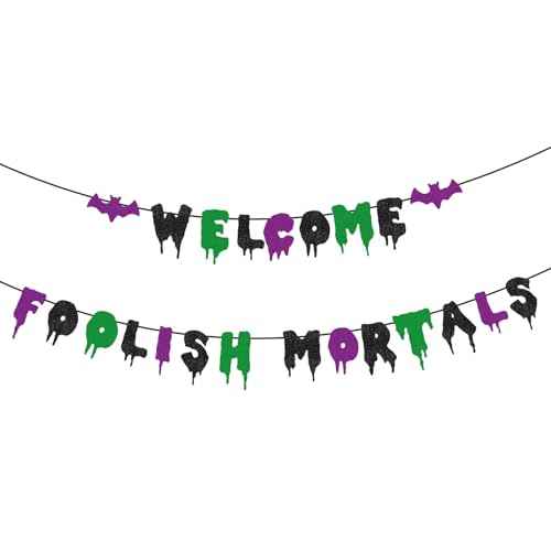 Welcome Foolish Mortals Banner NO DIY Pre-Strung Halloween Party Decoration Glitter Haunted Mansion Banner Halloween Party Banner with Bat for Home Wall Mantle Decor Party Haunted House Man Cave Birthday Christmas Gifts (Black Green Purple)
