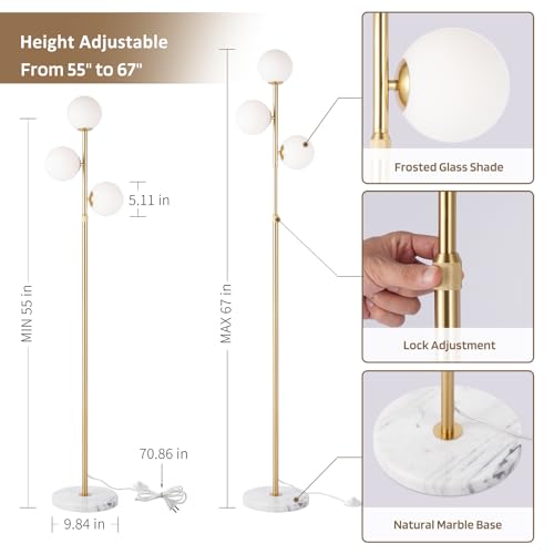 Vallerico 3-Globe Mid Century Floor Lamp - Gold Finish, Adjustable Height, Marble Base