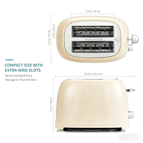 Ultrean Cream 2-Slice Toaster with Wide Slots, 6 Browning Levels & Removable Crumb Tray