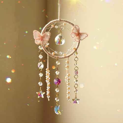 Artilady Dream Catcher for Girls - Pink Butterfly Small Moon Dream Catchers with Crystals Cute Room Decor for Teen Girls Boys Boho Bedroom Wall Home Decorations Birthday Christmas Kids Gifts