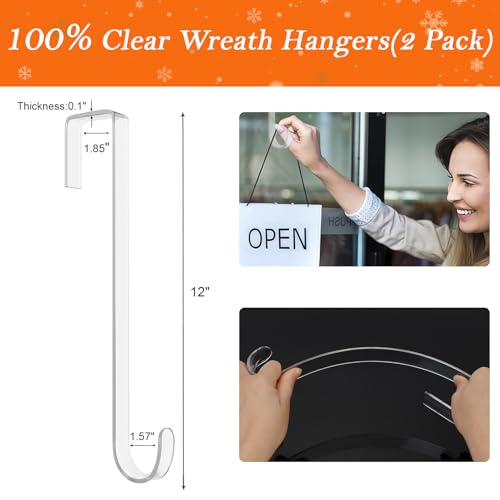 12 in Wreath Hangers - Clear Over The Door Hooks, 2 Pack Non-Scratch Hooks for Easter, Christmas, Halloween & Fall Wreath Decorations, Welcome Sign for Front Door