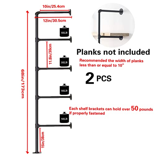 Industrial Wall Mount Pipe Shelf Brackets - 2-Pack, 5-Tier, 68" Tall Black Metal Storage Shelves
