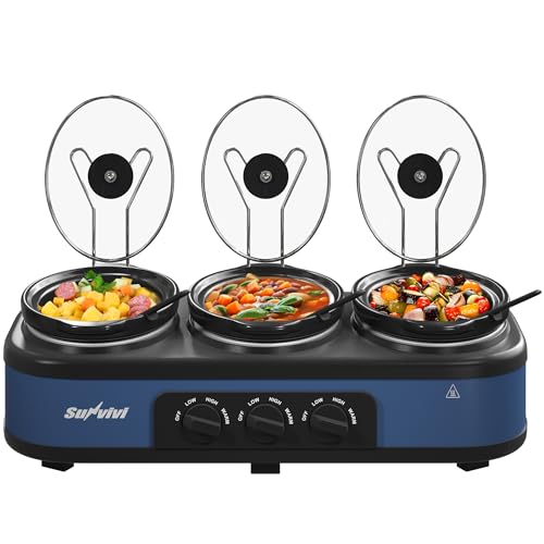 SUNVIVI Blue Triple Slow Cooker with 3 Removable Ceramic Pots & Glass Lids
