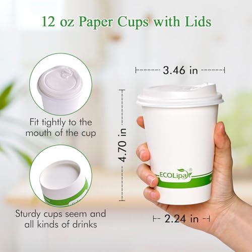 ECOLipak 12 oz Compostable Paper Coffee Cups with CPLA Lid - Pack of 100