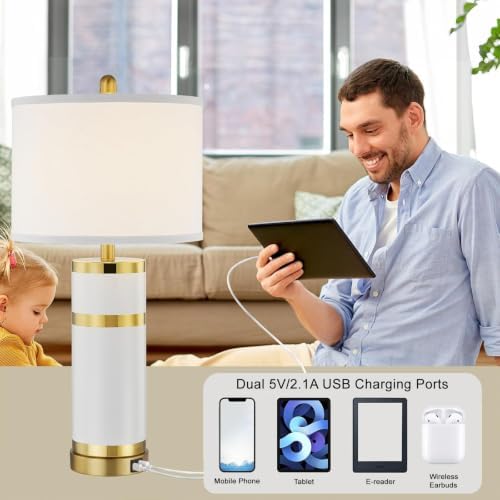 Creamy White 28-Inch Ceramic Bedside Table Lamps Set of 2 with Gold Accents