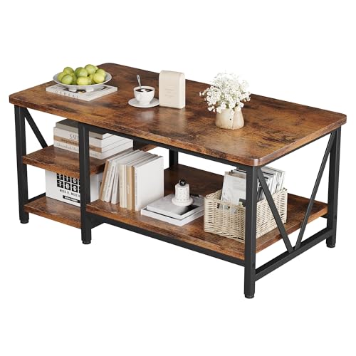 Farmhouse Coffee Table with Storage - 39.3-Inch Rectangular Living Room Table