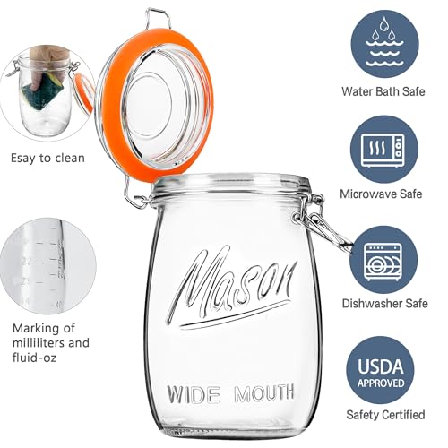 32Oz Glass Food Storage Jars Set of 4 with Airtight Hinged Lids - Wide Mouth Kitchen Containers