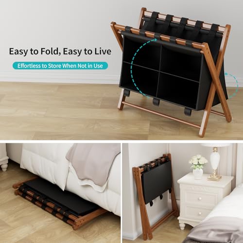Walnut Bamboo Luggage Rack 2 Pack with 4 Storage Compartments – Foldable Suitcase Stand for Guest Room, 150lbs Capacity